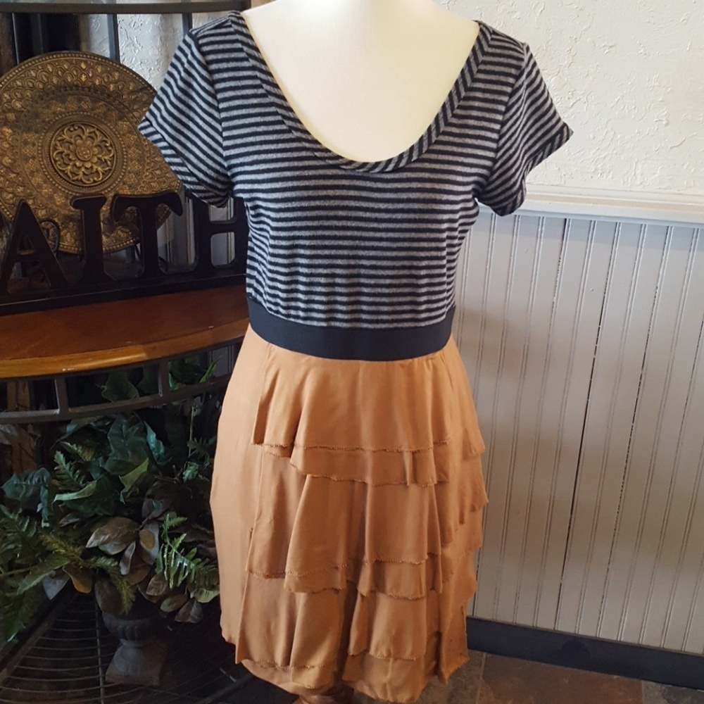 Theme Black & Gray Striped Scoop Neck Dress with Tan Tiered Skirt